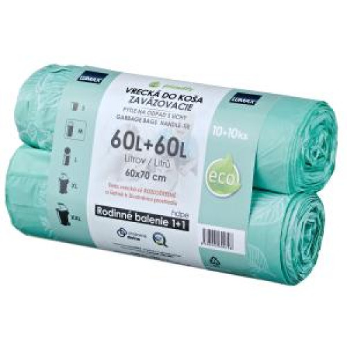 Vrecia zaväzovacie HDPE 60 ℓ, 60 x 70 cm 16 mic. (2 bal.x10 ks) zelené
