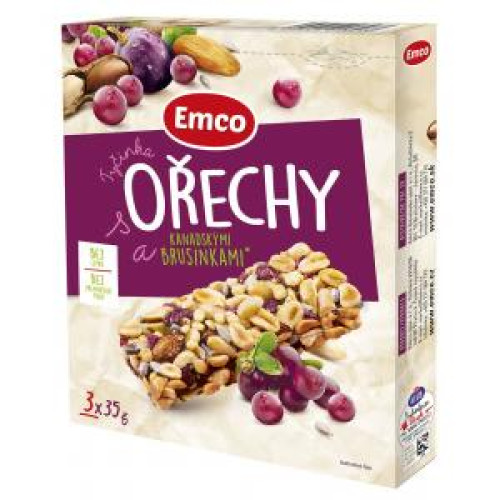 Tyčinka Emco s orechami a kanad. brusnicami 3 x 35 g Tyčinka Emco s orechami a kanad. brusnicami 3 x 35 g