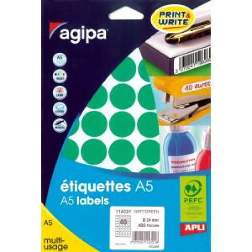 Etikety kruhové 24mm Agipa A5 zelené Etikety kruhové 24mm Agipa A5 zelené