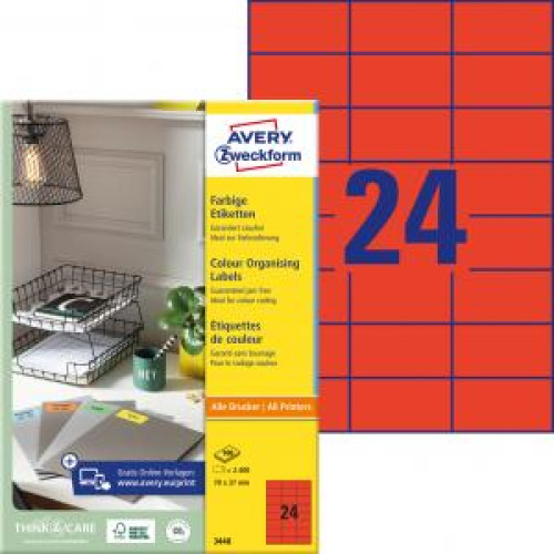 Etikety farebné 70x37mm Avery A4 100 hárkov červené Etikety farebné 70x37mm Avery A4 100 hárkov červené