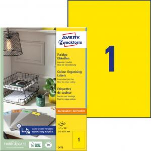 Etikety farebné 210x297mm Avery A4 100 hárkov žlté Etikety farebné 210x297mm Avery A4 100 hárkov žlté