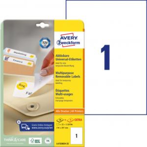 Etikety univerzálne odnímateľné 210x297mm Avery A4 25+5 hárkov Etikety univerzálne odnímateľné 210x297mm Avery A4 25+5 hárkov