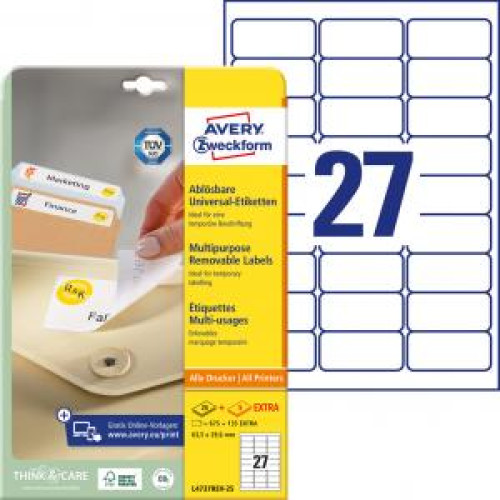 Etikety univerzálne odnímateľné 63,5x29,6mm Avery A4 25+5 hárkov Etikety univerzálne odnímateľné 63,5x29,6mm Avery A4 25+5 hárkov