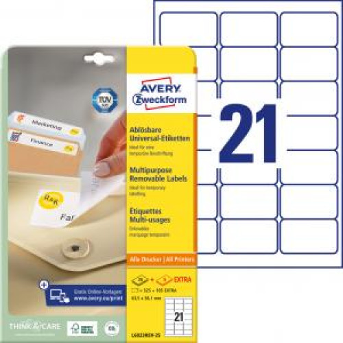 Etikety univerzálne odnímateľné 63,5x38,1mm Avery A4 25+5 hárkov Etikety univerzálne odnímateľné 63,5x38,1mm Avery A4 25+5 hárkov