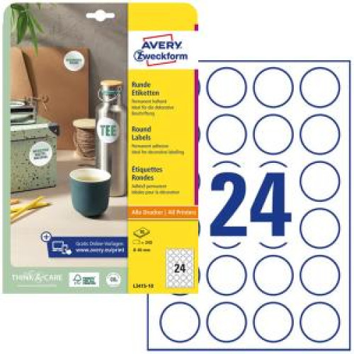 Etikety univerzálne kruhové 40mm Avery A4 10 hárkov Etikety univerzálne kruhové 40mm Avery A4 10 hárkov