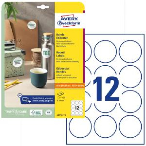 Etikety univerzálne kruhové 60mm Avery A4 10 hárkov Etikety univerzálne kruhové 60mm Avery A4 10 hárkov