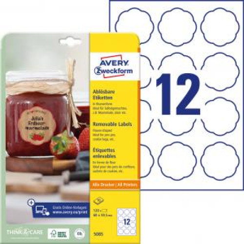 Etikety v tvare kvetu 60x59,5mm Avery 10 hárkov biele Etikety v tvare kvetu 60x59,5mm Avery 10 hárkov biele