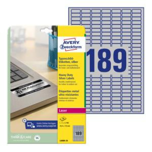 Etikety polyesterové veľmi odolné 25,4x10mm Avery A4 strieborné 20 hárkov Etikety polyesterové veľmi odolné 25,4x10mm Avery A4 strieborné 20 hárkov