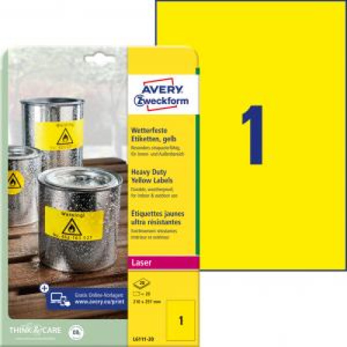 Etikety polyesterové veľmi odolné 210x297mm Avery A4 žlté 20 hárkov Etikety polyesterové veľmi odolné 210x297mm Avery A4 žlté 20 hárkov