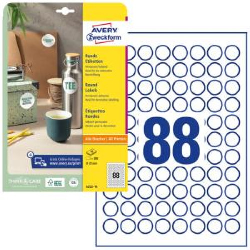 Etikety univerzálne kruhové 20mm Avery A4 10 hárkov Etikety univerzálne kruhové 20mm Avery A4 10 hárkov