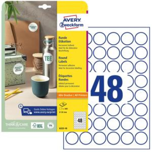 Etikety univerzálne kruhové 30mm Avery A4 10 hárkov Etikety univerzálne kruhové 30mm Avery A4 10 hárkov