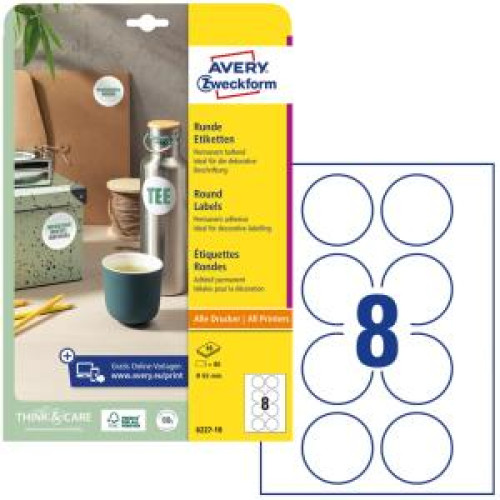 Etikety univerzálne kruhové 65mm Avery A4 10 hárkov Etikety univerzálne kruhové 65mm Avery A4 10 hárkov