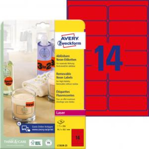 Etikety Avery odnímateľné 99,1x38,1 mm neónové červené Etikety Avery odnímateľné 99,1x38,1 mm neónové červené