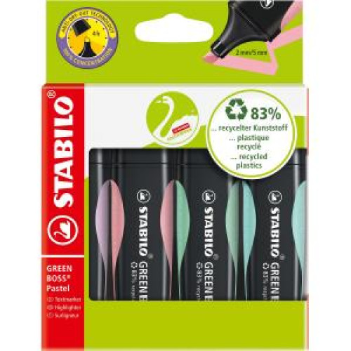 Sada zvýrazňovačov STABILO GREEN BOSS Pastel balenie 4 kusov pastelová zelená, ružová, tyrkysová a fialová farba Sada zvýrazňovačov STABILO GREEN BOSS Pastel balenie 4 kusov pastelová zelená, ružová, tyrkysová a fialová farba