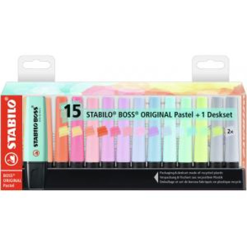 Sada zvýrazňovačov STABILO BOSS ORIGINAL Pastel 15 ks Stolný set so 14 rôznymi farbami Sada zvýrazňovačov STABILO BOSS ORIGINAL Pastel 15 ks Stolný set so 14 rôznymi farbami