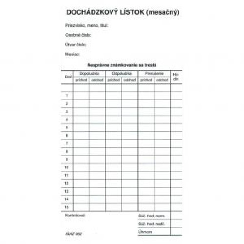 Dochádzkový lístok mesačný (kartón) Dochádzkový lístok mesačný (kartón)