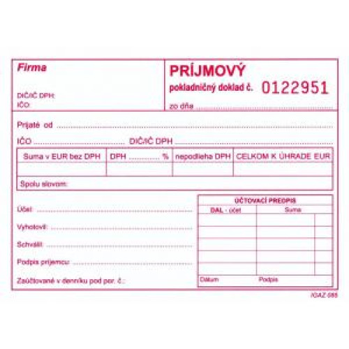 Príjmový pokladničný doklad s DPH, samoprepis, A6, číslovaný Príjmový pokladničný doklad s DPH, samoprepis, A6, číslovaný