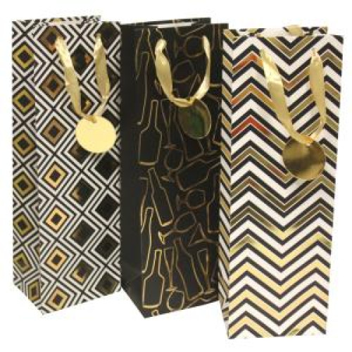 Papierová taška na víno 120x360x90mm textilné ušká vo farbe tašky mix 3 čiernozlatých motívov bez možnosti výberu