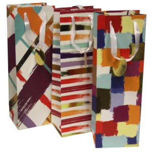 Papierová taška na víno 120x360x90mm textilné ušká vo farbe tašky mix 3 farebných motívov bez možnosti výberu
