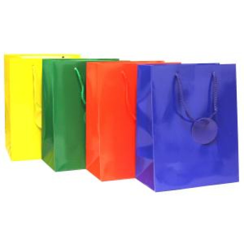 Papierová taška 180x230x100mm textilné ušká vo farbe tašky mix 4 farieb bez možnosti výberu